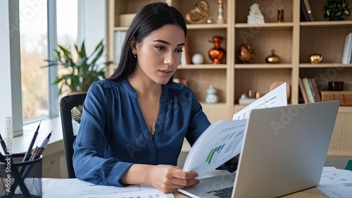 A focused Latin Hispanic young businesswoman is working on her laptop computer in an office. She's reading a financial document report. She has dark hair and wears a blue blouse and a necklace. The ba