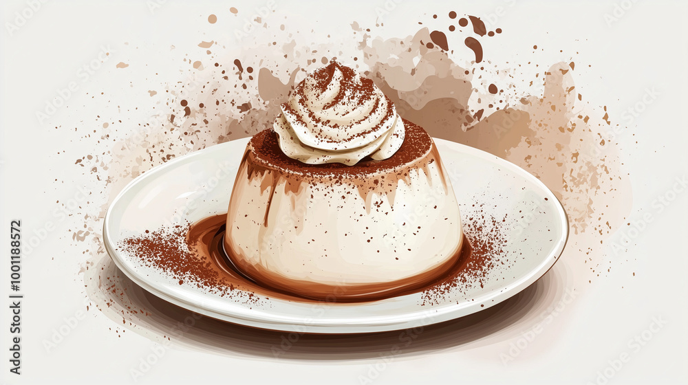 A panna cotta with a coffee flavor, illustrated with a swirl of whipped cream and a sprinkle of cocoa powder, served in a small elegant dish, Illustration, Food Concept A panna cotta with a coffee flavor, illustrated with a swirl of whipped cream and a sprinkle of cocoa powder, served in a small elegant dish, Illustration, Food Concept