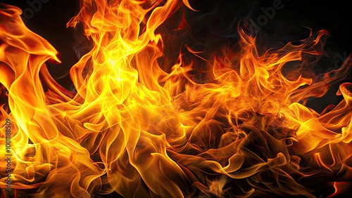 Dramatic close-up of fiery orange and yellow flames dancing on a dark black background, illuminating the surrounding darkness with warm, intense, and powerful light.