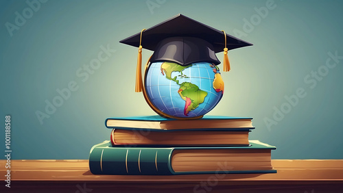 A globe wearing a graduation cap sits on top of a stack of books on a wooden table.