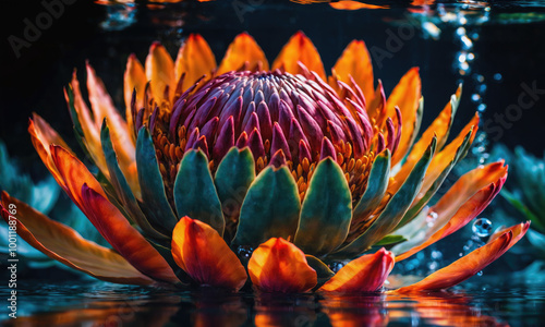 A vibrant flower floats in a pool of water, its petals catching the sunlight and creating a beautiful reflection