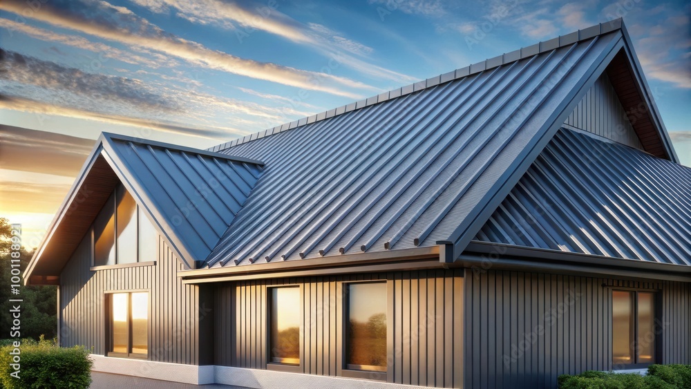 Metal profile roof of the house structure with modern design and seamless installation Metal profile roof of the house structure with modern design and seamless installation