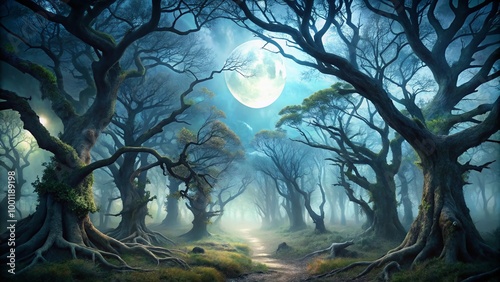 Eerie mist-shrouded forest with twisted, gnarled tree branches, eerie fog, and a haunting, moonlit atmosphere, evoking