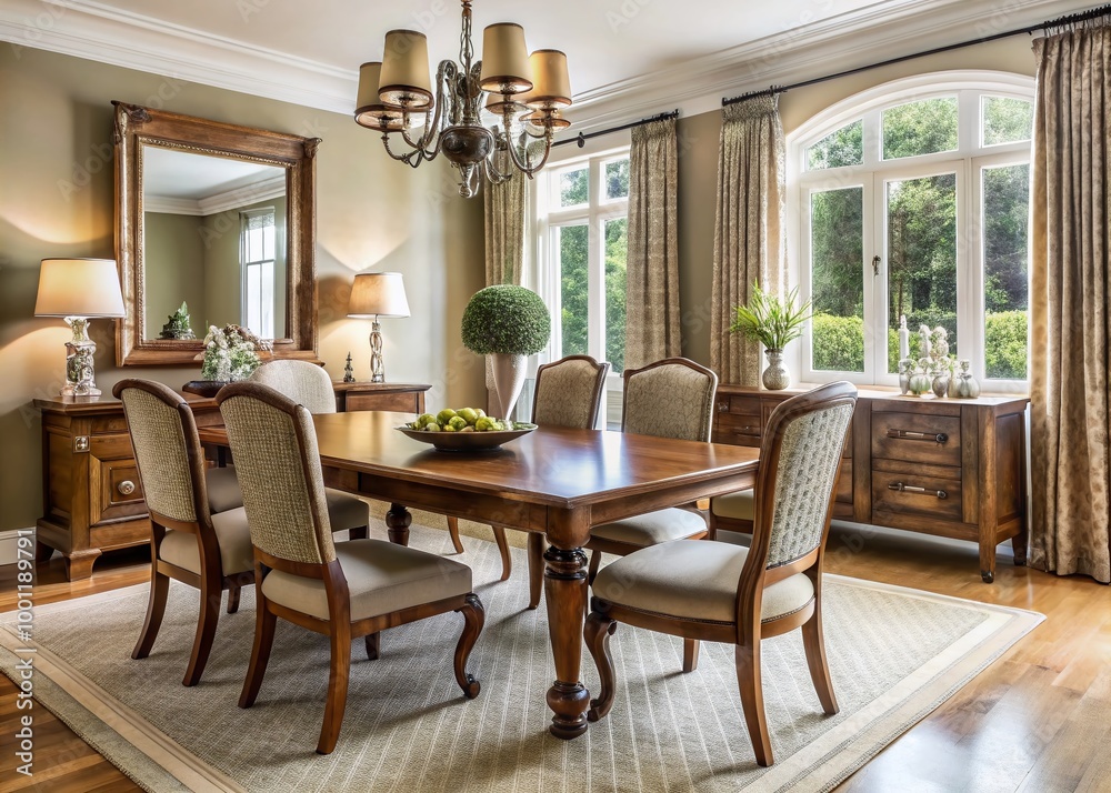 Elegant dining room set with wooden table, high-backed chairs, and ornate mirror above sideboard, illuminated by soft Elegant dining room set with wooden table, high-backed chairs, and ornate mirror above sideboard, illuminated by soft