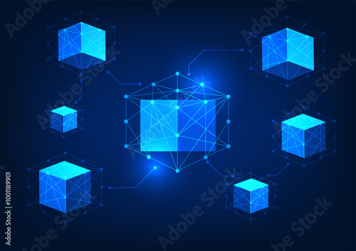 Blockchain technology, square blockchain boxes connected by lines and circuit lines, representing secure data structure and reliable transactions.