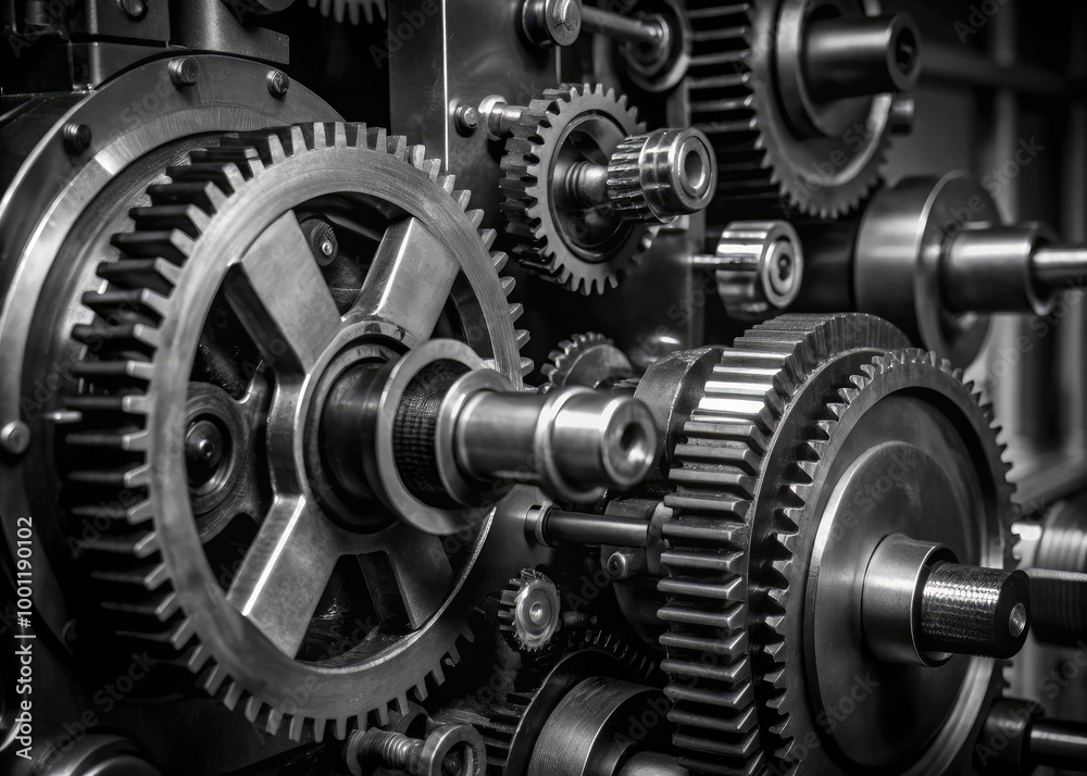 Close-up view of mechanical engineering gears and components in a workshop setting. Generative AI Close-up view of mechanical engineering gears and components in a workshop setting. Generative AI