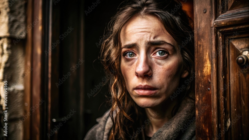 A woman standing at the doorway with an anxious expression in low light settings. Generative AI A woman standing at the doorway with an anxious expression in low light settings. Generative AI