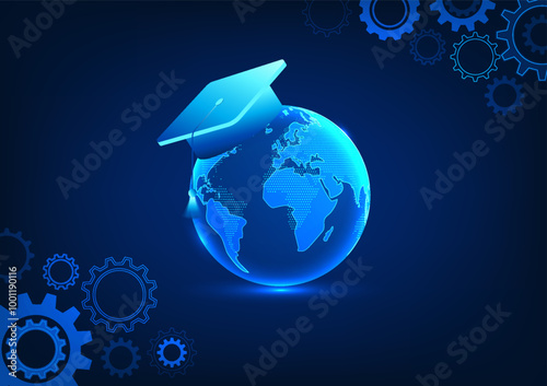 Education in the Digital Age, a world with graduation caps and gears, symbolizes learning that uses technology, conveying the future of education and innovation
