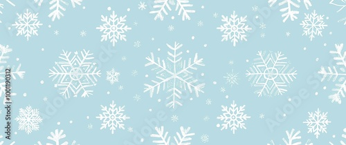 Snowflakes pattern in baby blue background, minimal inviting baby colors pattern