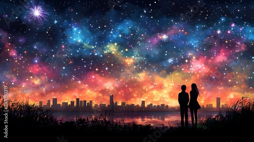 Couple watching a colorful firework show from a hill as the clock hits midnight