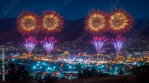 Couple watching a colorful firework show from a hill as the clock hits midnight