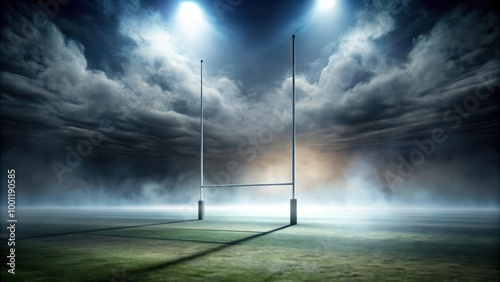 Dramatic rugby goalposts protruding through dense fog in an atmospheric stadium setting