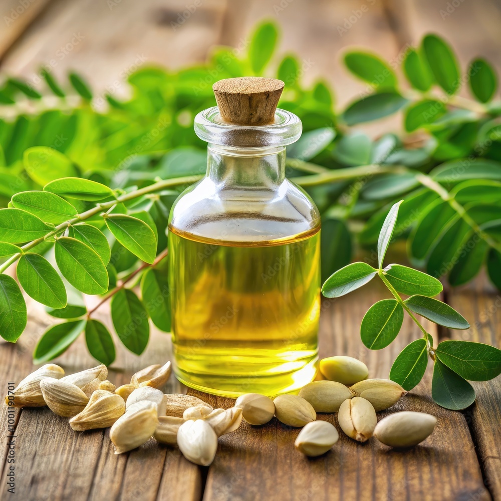 Discover moringa oil's benefits with fresh leaves and seeds on a wooden backdrop Discover moringa oil's benefits with fresh leaves and seeds on a wooden backdrop
