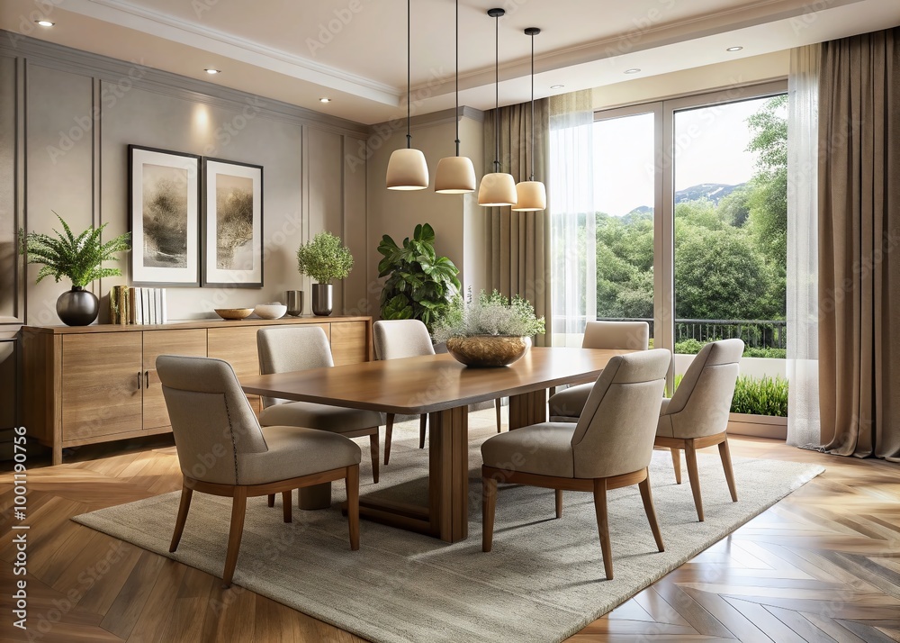 Fototapeta premium Elegant modern dining room with sleek wooden table, chairs, and sideboard, boasting neutral tones and ample natural