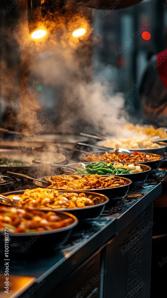 A close-up shot of a food stall with steaming pots of various dishes.