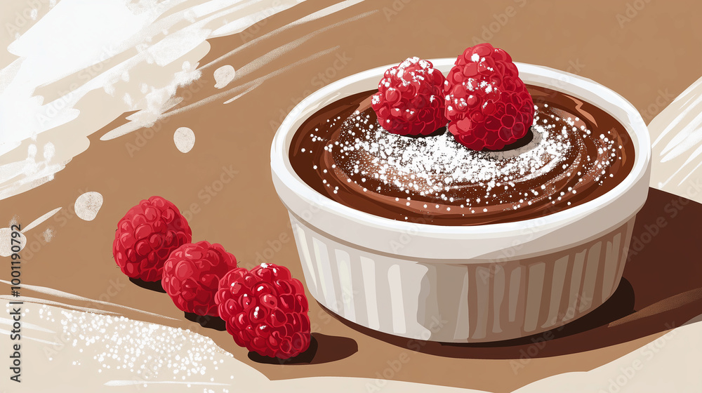 A smooth and decadent chocolate mousse in a ramekin, garnished with fresh raspberries and a dusting of powdered sugar, Illustration, Food Concept A smooth and decadent chocolate mousse in a ramekin, garnished with fresh raspberries and a dusting of powdered sugar, Illustration, Food Concept
