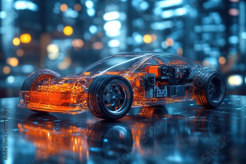 An transparent car model with an electric motor and battery is placed on the table photo