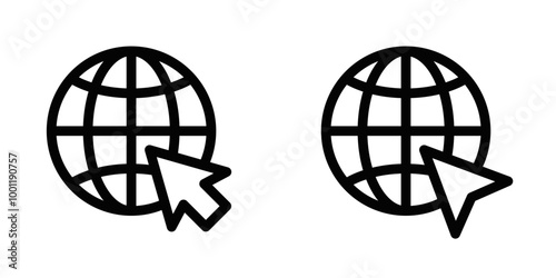 Vector illustration of globe icons with a cursor, ideal for representing web, internet browsing, or global reach concepts. Editable stroke.