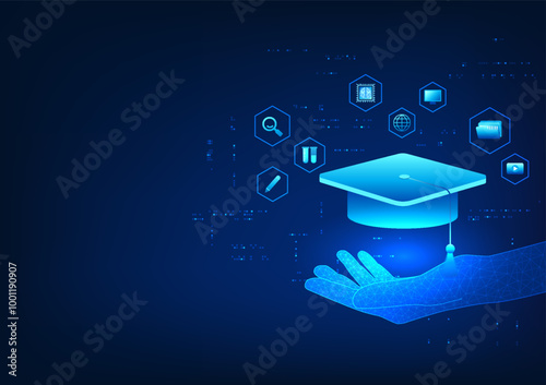 Educational Technology, Hand holding a graduation cap with education icons, conveying the application of technology in education and skills development,suitable for learning and educational innovation