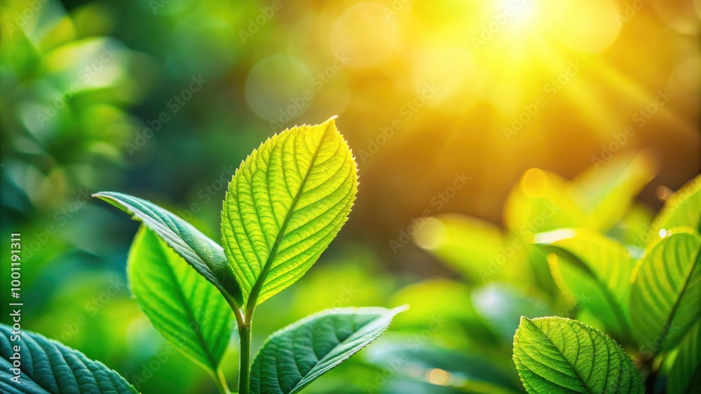 Beautiful green leaf with sunlight in garden, natural plants ecology background with copy space, fresh wallpaper for nature view concept