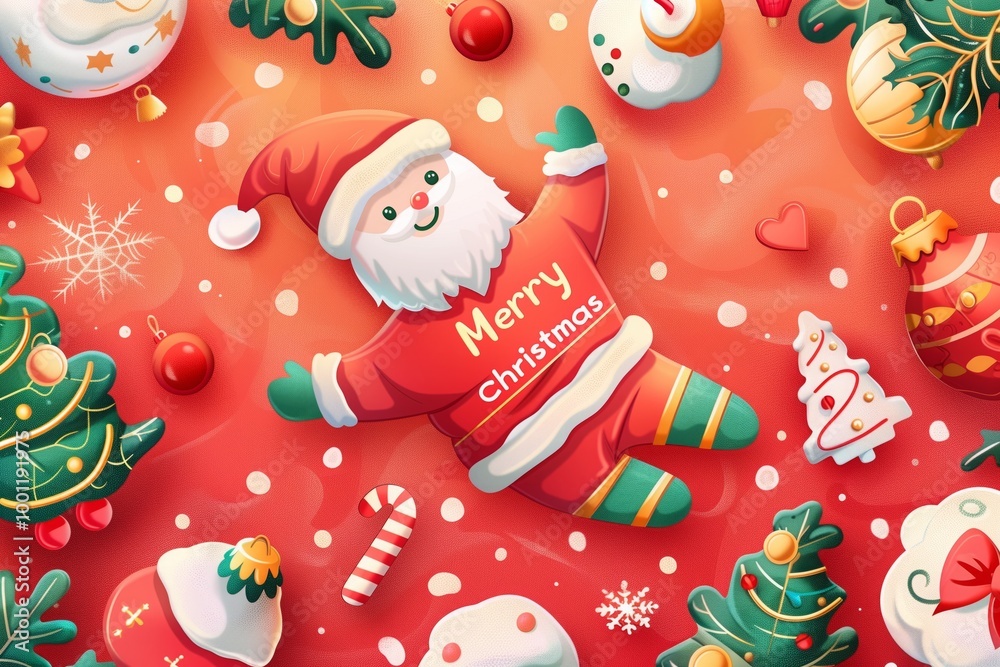 Naklejka premium Santa Claus on a red background. Around him are Christmas tree decorations and snowflakes