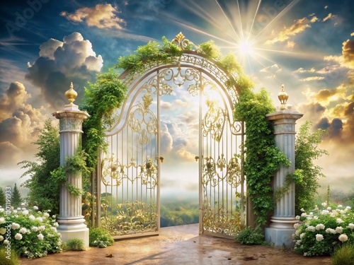 Ethereal white pearly gates adorned with golden accents and lush greenery, set against a radiant soft-focus background photo
