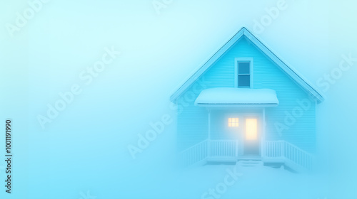 A cozy blue house stands alone in the snow on a foggy winter evening with warm lights glowing