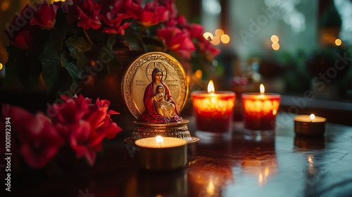 The Coptic Christmas table features candles and a colorful icon, evoking a festive mood