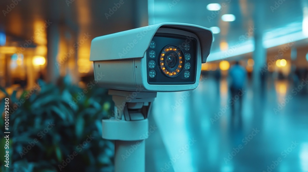 A security camera is mounted on a pole in a public area A security camera is mounted on a pole in a public area