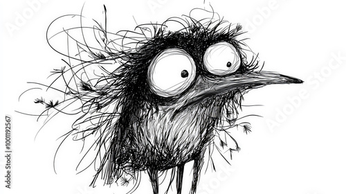 Frazzled Feathered Friend: Nervous Bird Cartoon in Ink. Generative AI