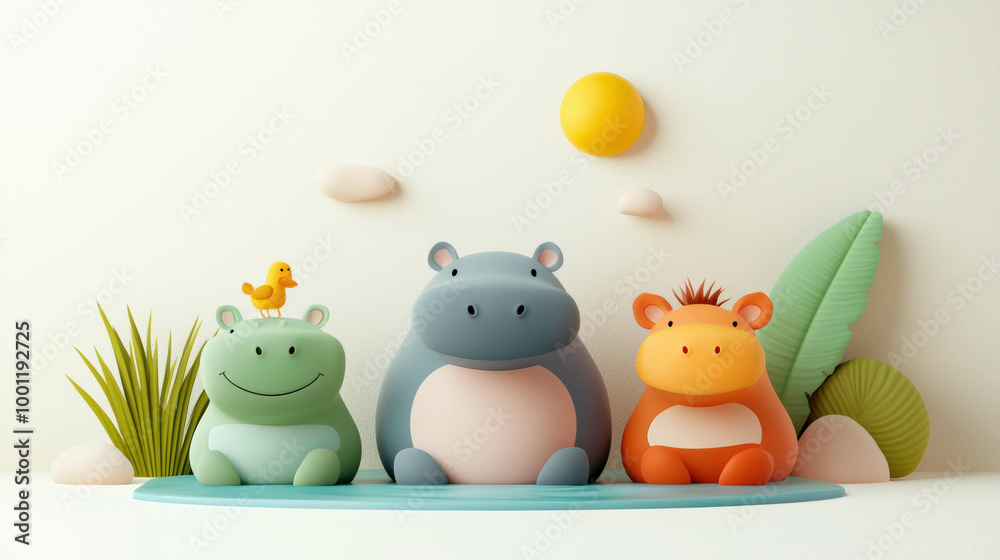 Three adorable hippos sit peacefully by a small pond, basking under a warm sun. One hippo has a small yellow bird perched on its head, creating a charming, playful atmosphere of friendship. Three adorable hippos sit peacefully by a small pond, basking under a warm sun. One hippo has a small yellow bird perched on its head, creating a charming, playful atmosphere of friendship.