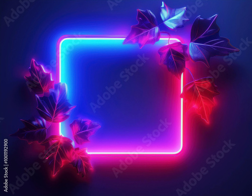 Neon light frame with creeping ivy plant as social media background, generative ai