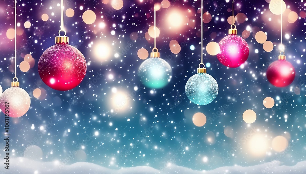 Abstract Christmas ornaments suspended in sparkling snow, with shimmering lights overhead. Made with Generative AI Technology Abstract Christmas ornaments suspended in sparkling snow, with shimmering lights overhead. Made with Generative AI Technology
