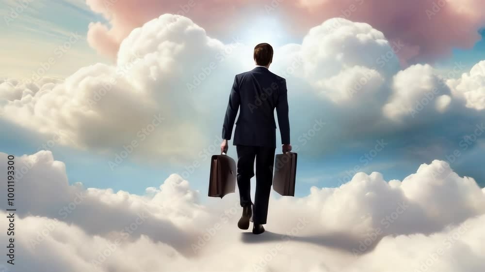 Businessman walking on clouds with a briefcase. Concept of success, ambition, and achieving goals.. AI Generation Businessman walking on clouds with a briefcase. Concept of success, ambition, and achieving goals.. AI Generation