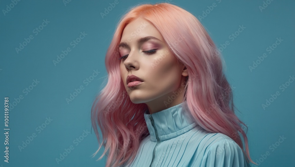 Naklejka premium Woman with wavy pink hair and ruffled blue top against soft blue background