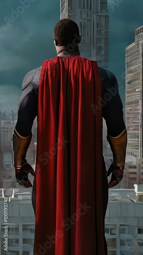 Male Superhero Overlooking City Night