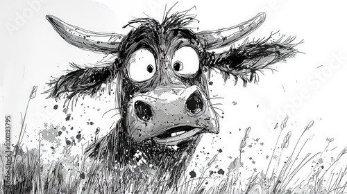 Frazzled Bovine: Nervous Cow Cartoon in Ink. Generative AI