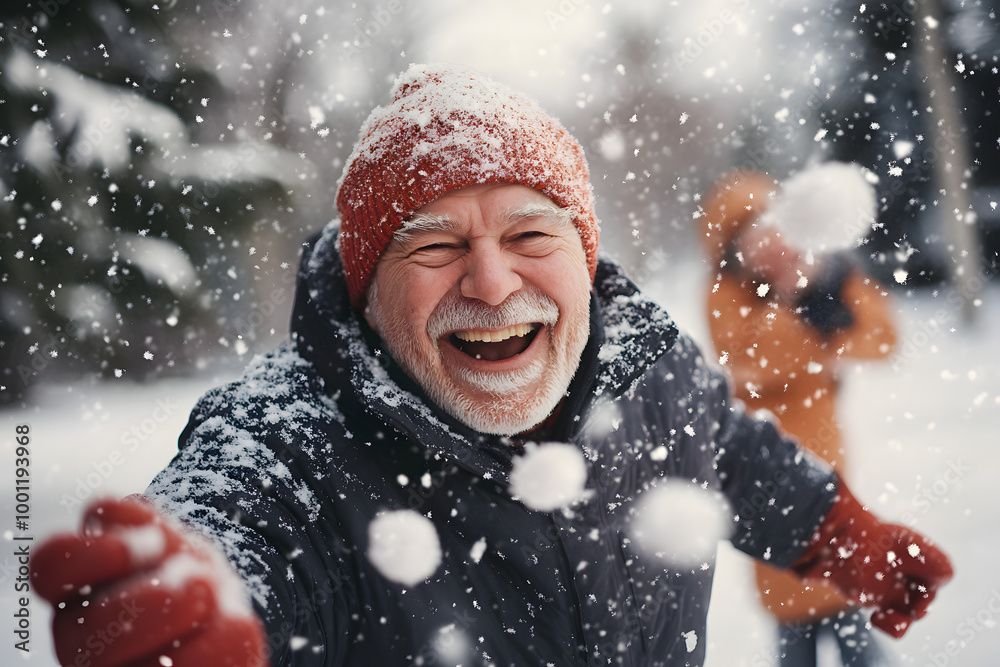 Portrait of happy senior man in winter during snow having fun with family outdoors playing snowballs fight. Active healthy lifestyle in retirement Portrait of happy senior man in winter during snow having fun with family outdoors playing snowballs fight. Active healthy lifestyle in retirement
