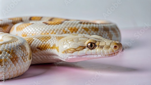 Close-up view of a snake on a white background showcasing its intricate scales. Generative AI