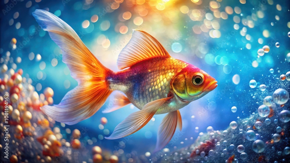 Vibrant goldfish swimming in sparkling water with bubbles and iridescent scales