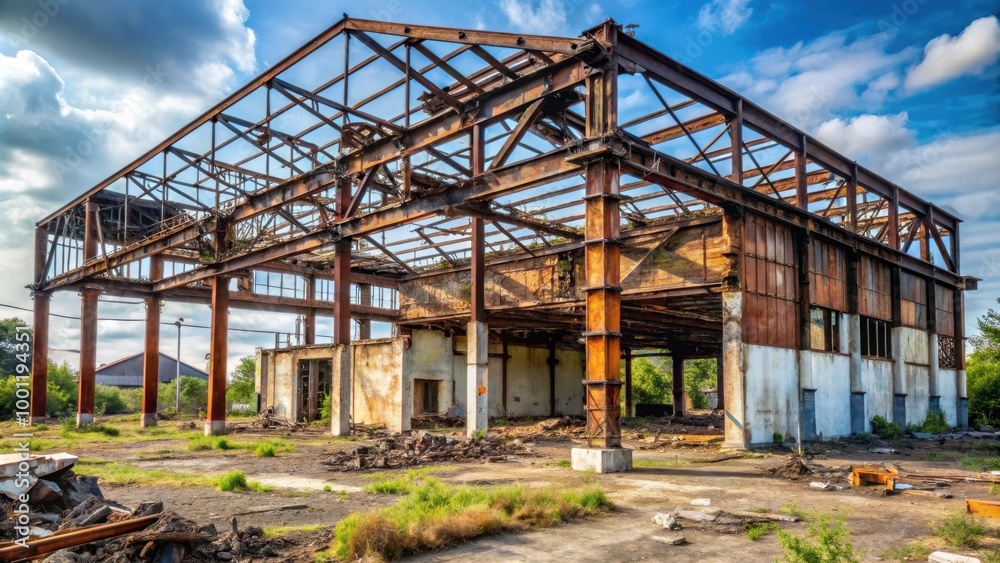 Abandoned building with black soot stains, rusted roof structure, collapsed steel frame ruins Abandoned building with black soot stains, rusted roof structure, collapsed steel frame ruins