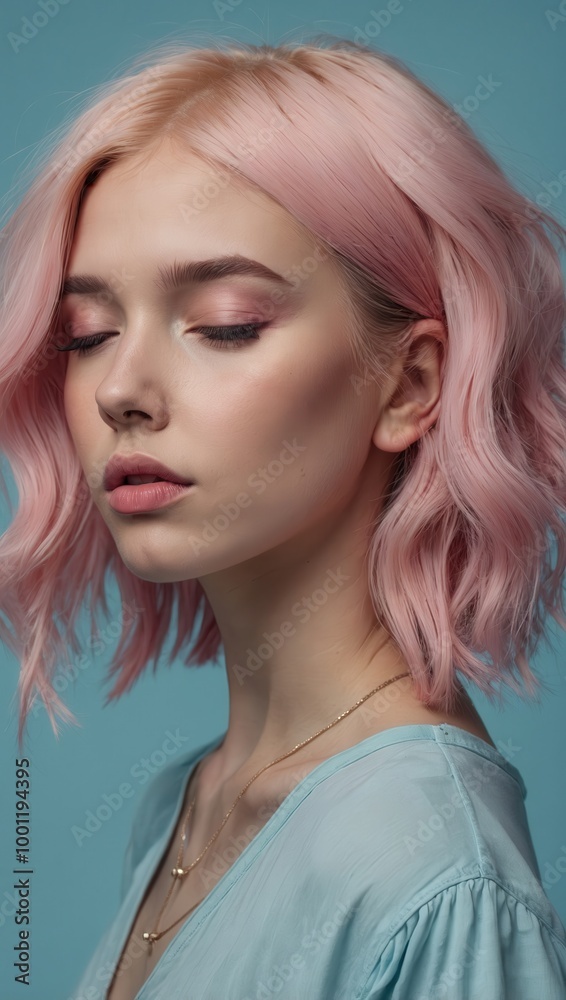 Woman with short pastel pink hair and layered cut in a light blue top against neutral background Woman with short pastel pink hair and layered cut in a light blue top against neutral background