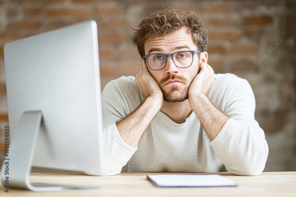 A man is sitting at a desk with a computer monitor in front of him A man is sitting at a desk with a computer monitor in front of him