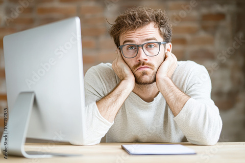 A man is sitting at a desk with a computer monitor in front of him photo