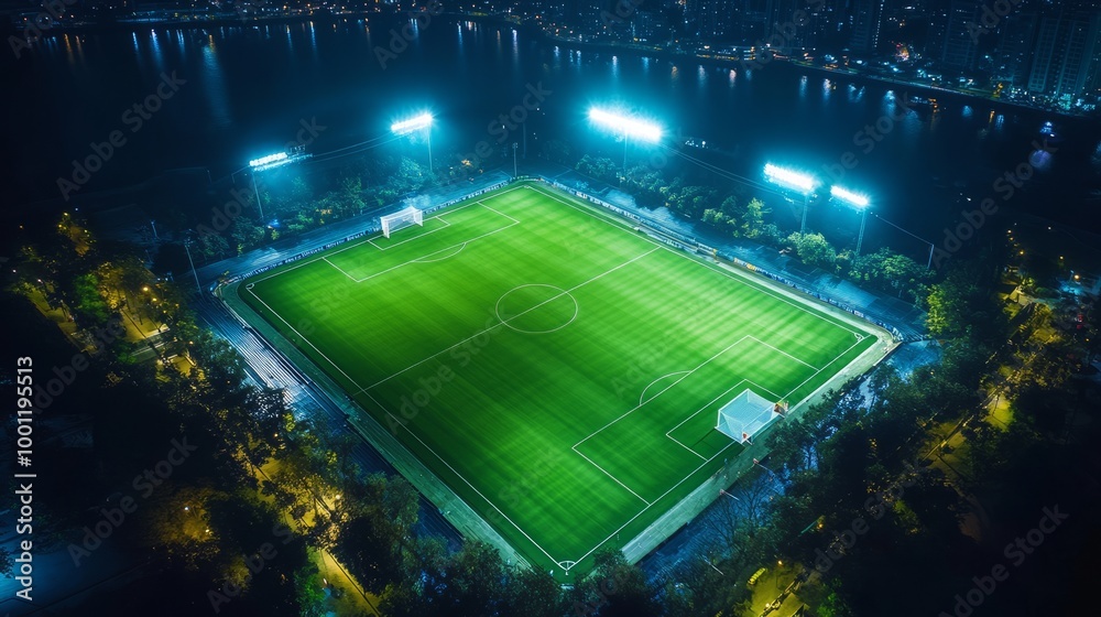 Aerial View of a Brightly Lit Soccer Field at Night Aerial View of a Brightly Lit Soccer Field at Night