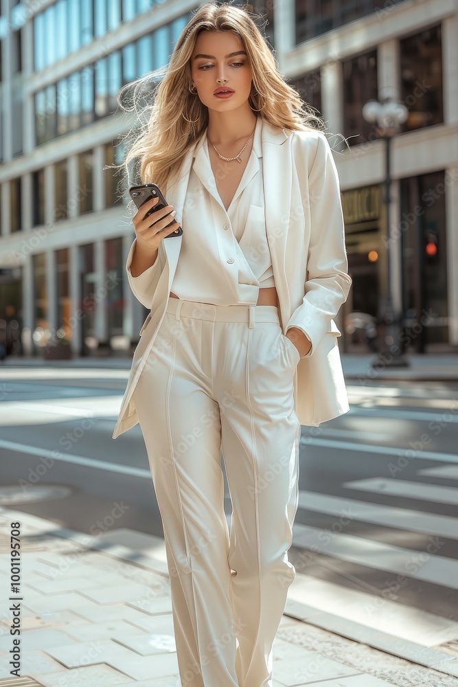 An elegant woman wing white trousers and a blazer, holding a phone to her while walking on the street. She has a business-like appearance, with an office building in the background. An elegant woman wing white trousers and a blazer, holding a phone to her while walking on the street. She has a business-like appearance, with an office building in the background.