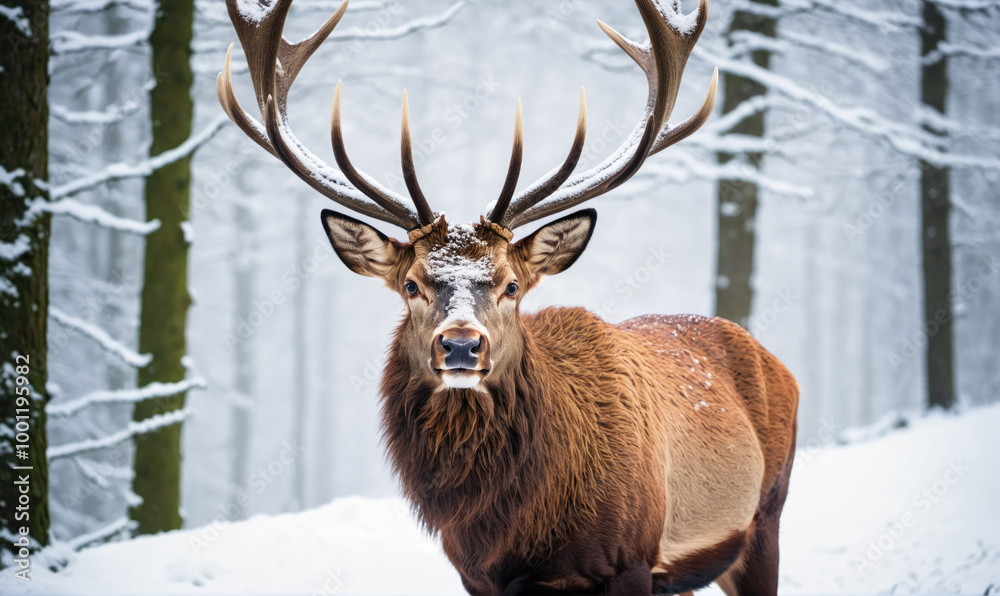 Fototapeta premium A large deer stands in a snowy forest, looking directly at the camera