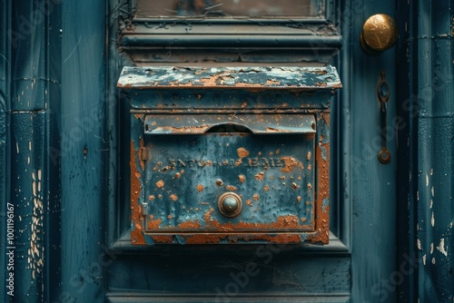 Old rusty mailbox is attached to a blue door, with chipping paint showing its age and use