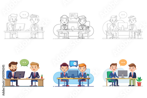 Coworking space concept. Men and women in workplace, partners and colleagues in office. Organization of effective workflow. Characters working on joint project. Cartoon flat vector illustration
