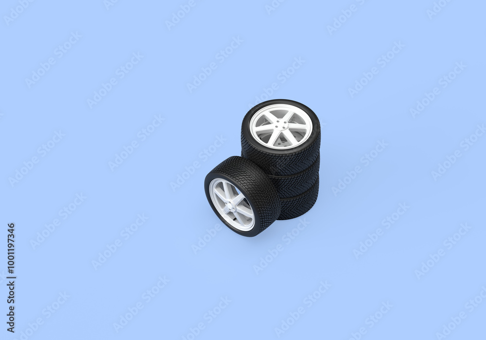 Set of four, car wheels, winter tire. Tread with metal spikes for snow and ice. 3d rendering on the topic of security, traffic, transport, spare parts. Blue background. Set of four, car wheels, winter tire. Tread with metal spikes for snow and ice. 3d rendering on the topic of security, traffic, transport, spare parts. Blue background.